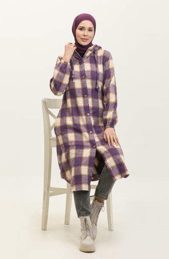 Plaid Pattern Hooded Cape NZR001C-07 Purple Mustard 001-07