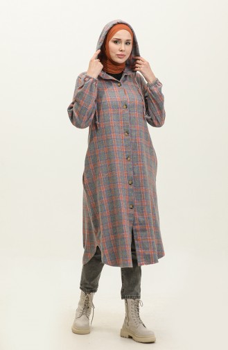 Plaid Pattern Hooded Cape 001e-06 Gray 001E-06