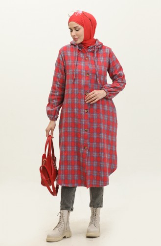 Plaid Pattern Hooded Cape 001E-07 Red 001E-07