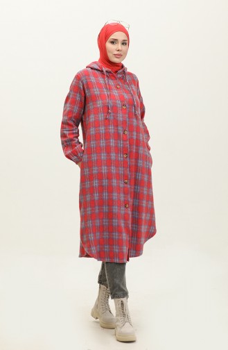 Plaid Pattern Hooded Cape 001E-07 Red 001E-07