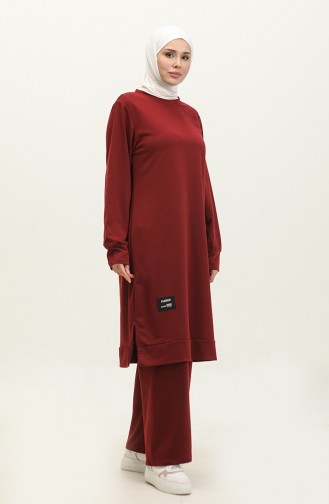 Ensemble Double Pantalon Tunique à Deux Cordes 0044-30 Rouge Claret Foncé 0044-30