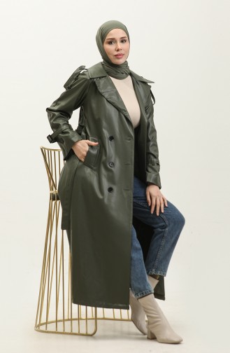 Damen-Trenchcoat Aus Leder In Khaki 6503.HAKİ
