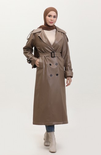 Leather Women`s Trench Coat Mink 6503.VİZON