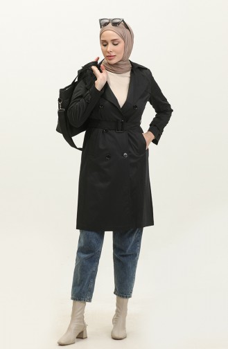 Women`s Summer Medium Length Trench Coat Black 6815.Siyah