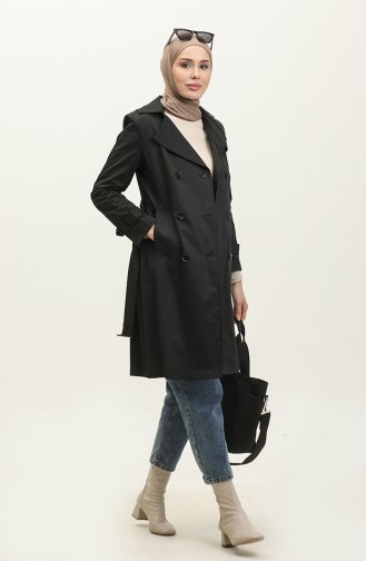 Women`s Summer Medium Length Trench Coat Black 6815.Siyah