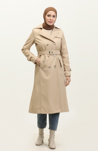 Seasonal Lined Women`s Long Trench Coat Cap Beige 6820.Bej