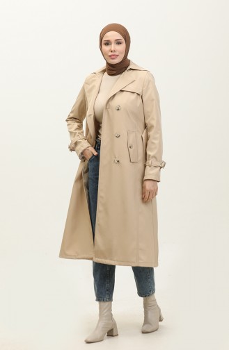 Seasonal Lined Women`s Long Trench Coat Cap Beige 6820.Bej