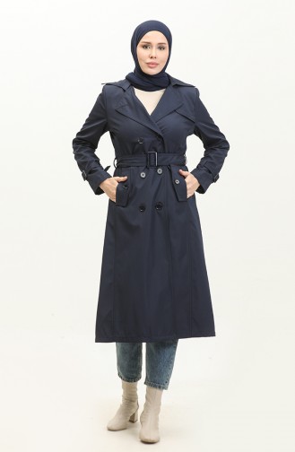 Saisonal Gefütterter Langer Trenchcoat Für Damen In Marineblau 6820.Lacivert