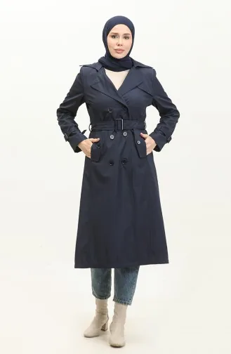 Saisonal Gefütterter Langer Trenchcoat Für Damen In Marineblau 6820.Lacivert