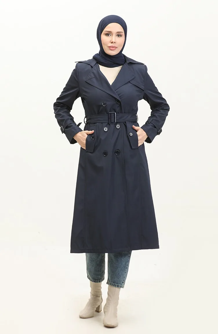Saisonal Gefütterter Langer Trenchcoat Für Damen In Marineblau 6820.Lacivert