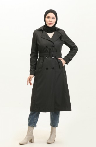 Seasonal Lined Women`s Long Trench Coat Cap Black 6820.SİYAH