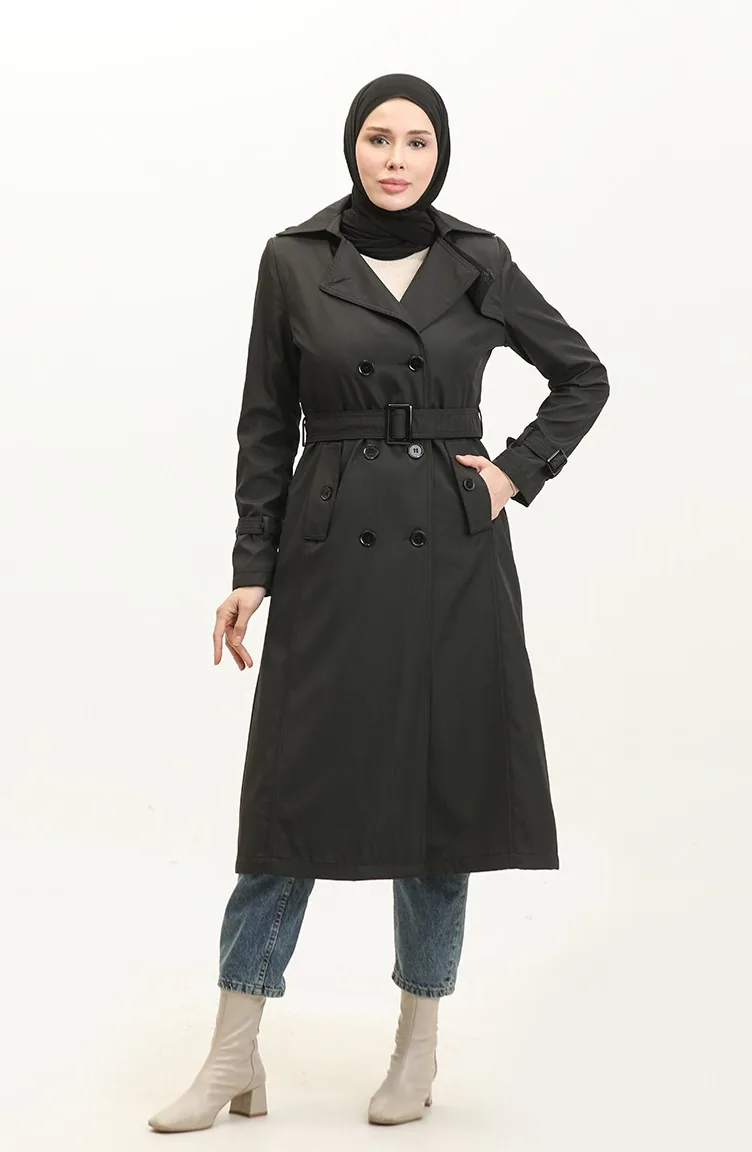 Casquette Trench Longue Femme Doublée Saisonnière Noir 6820.SİYAH