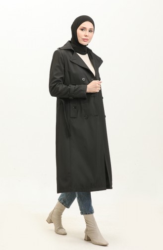 Seasonal Lined Women`s Long Trench Coat Cap Black 6820.SİYAH