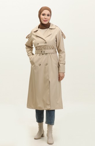 Raglan Sleeve Seasonal Lined Long Trench Coat Cap Beige 6822.Bej