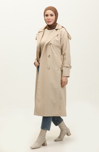 Raglan Sleeve Seasonal Lined Long Trench Coat Cap Beige 6822.Bej