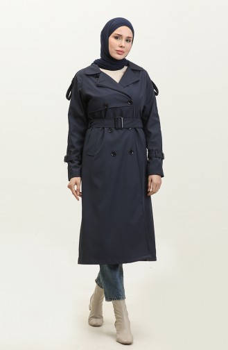 Raglan Sleeve Seasonal Lined Long Trench Coat Cape Navy Blue 6822.Lacivert