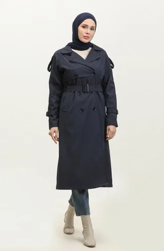 Saisonal Gefütterter Langer Trenchcoat Mit Raglanärmeln Marineblau 6822.Lacivert