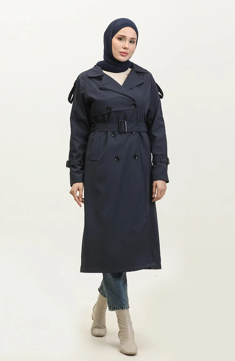 Saisonal Gefütterter Langer Trenchcoat Mit Raglanärmeln Marineblau 6822.Lacivert
