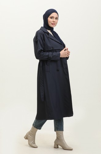 Raglan Sleeve Seasonal Lined Long Trench Coat Cape Navy Blue 6822.Lacivert