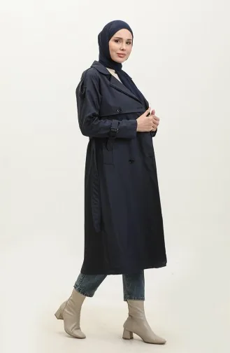 Saisonal Gefütterter Langer Trenchcoat Mit Raglanärmeln Marineblau 6822.Lacivert