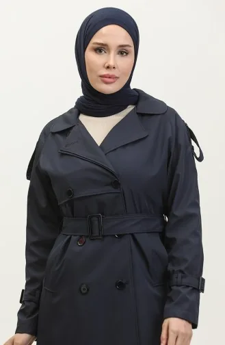 Saisonal Gefütterter Langer Trenchcoat Mit Raglanärmeln Marineblau 6822.Lacivert