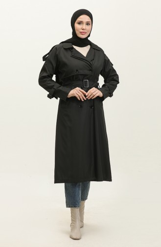 Trench-coat Long Doublé De Saison à Manches Raglan Noir 6822.Siyah