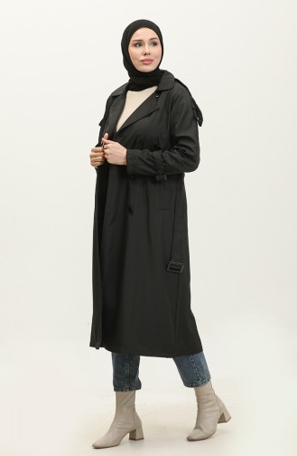 Trench-coat Long Doublé De Saison à Manches Raglan Noir 6822.Siyah