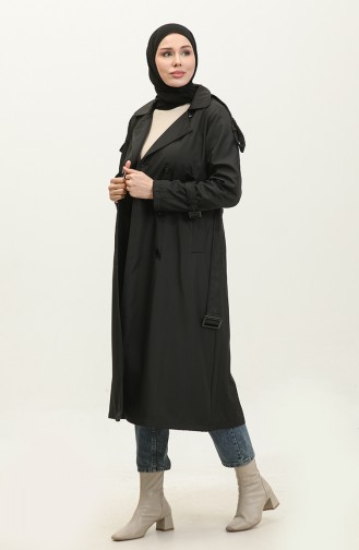Raglan Sleeve Seasonal Lined Long Trench Coat Black 6822.Siyah