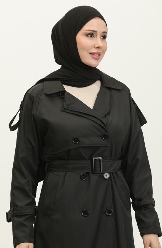 Raglan Sleeve Seasonal Lined Long Trench Coat Black 6822.Siyah
