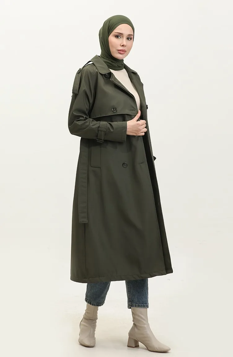 Raglan Sleeve Seasonal Lined Long Trench Coat Cap Green 6822.Yeşil