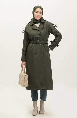 Raglan Sleeve Seasonal Lined Long Trench Coat Cap Green 6822.Yeşil