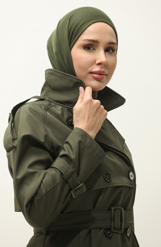 Raglan Sleeve Seasonal Lined Long Trench Coat Cap Green 6822.Yeşil