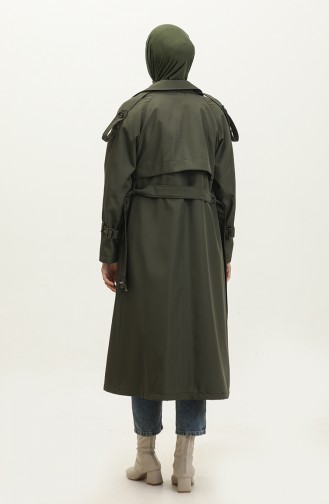 Raglan Sleeve Seasonal Lined Long Trench Coat Cap Green 6822.Yeşil