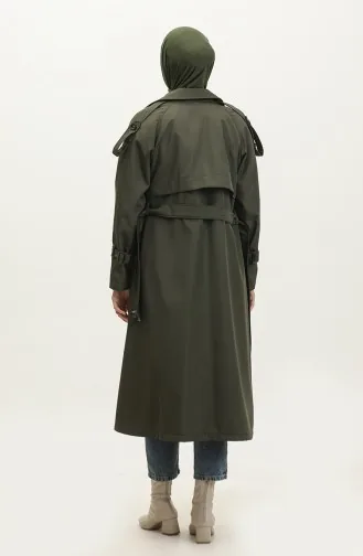 Raglan Sleeve Seasonal Lined Long Trench Coat Cap Green 6822.Yeşil