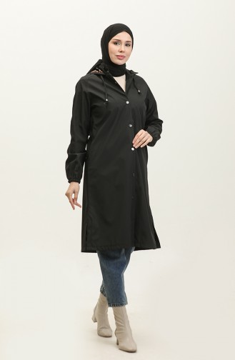 Women`s Sports Hooded Trench Coat Cap Black 6833.Siyah