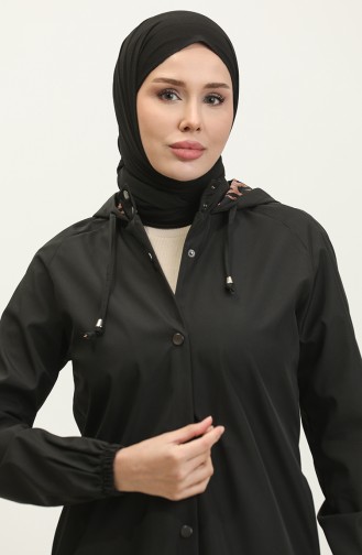 Women`s Sports Hooded Trench Coat Cap Black 6833.Siyah
