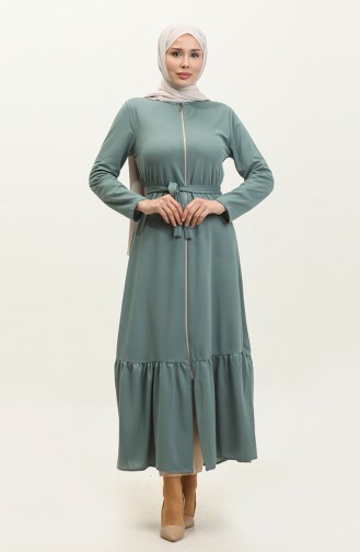 Belted Abaya With Gathered Hem 0703-01 Green 0703-01