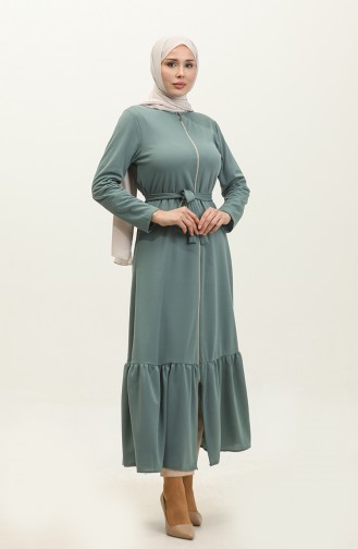 Belted Abaya With Gathered Hem 0703-01 Green 0703-01