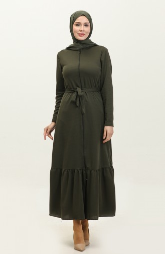 Belted Abaya With Gathered Hem 0703-03 Khaki 0703-03