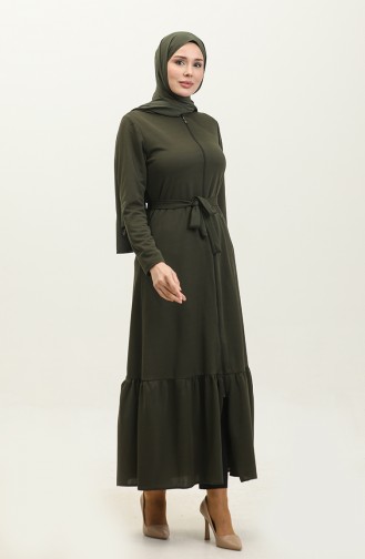 Belted Abaya With Gathered Hem 0703-03 Khaki 0703-03