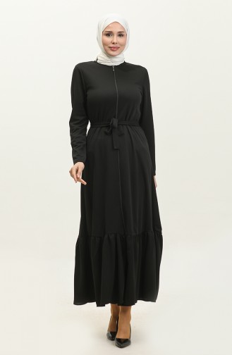 Belted Abaya With Gathered Hem 0703-04 Black 0703-04