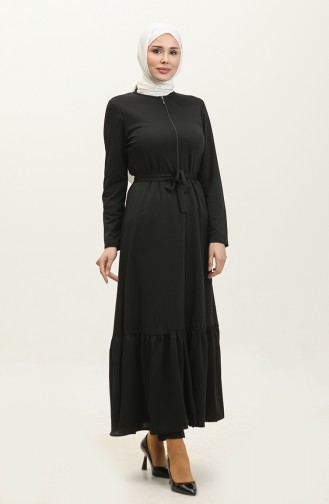 Belted Abaya With Gathered Hem 0703-04 Black 0703-04