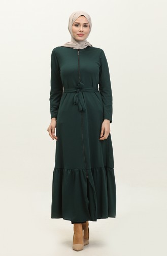 Abaya Avec Ceinture Et Ourlet Froncé 0703-05 Vert Emeraude 0703-05