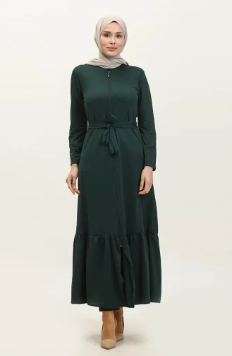 Abaya Mit Gürtel Und Gerafftem Saum 0703-05 Smaragdgrün 0703-05