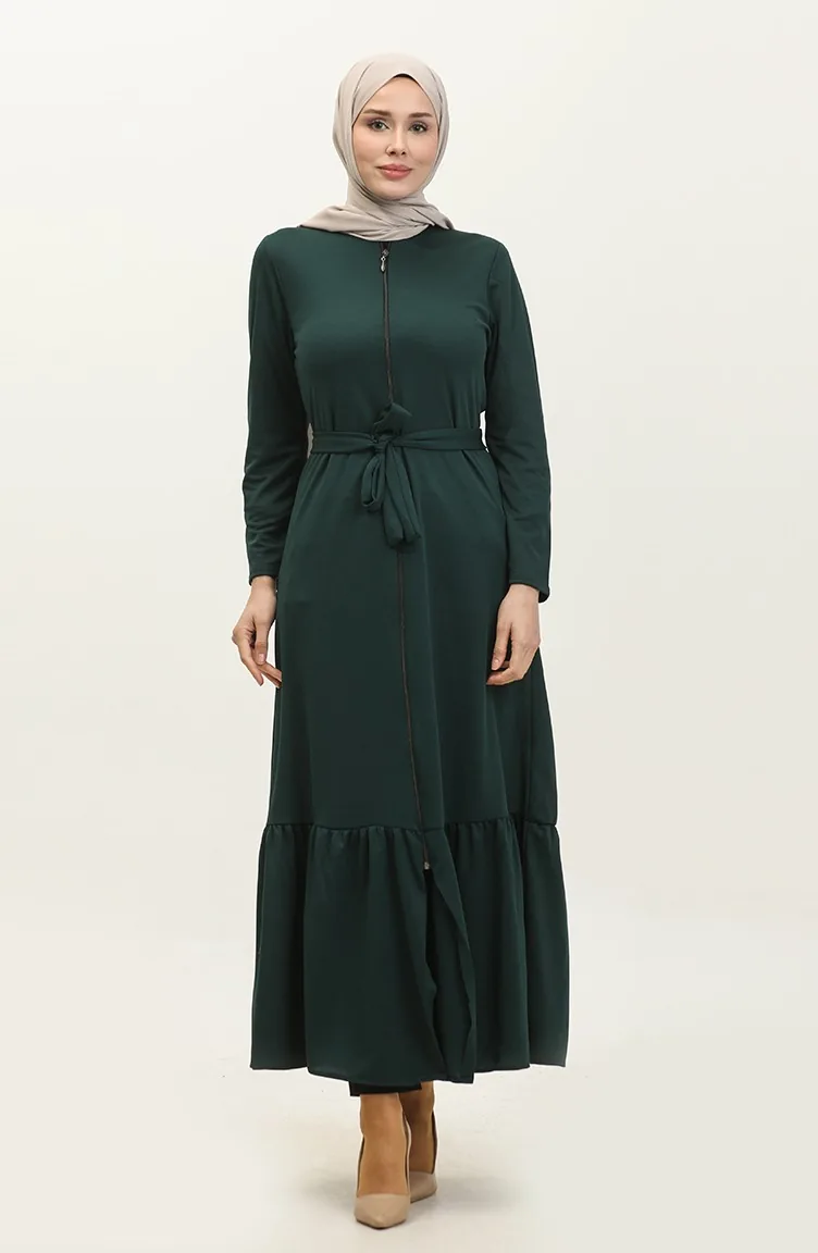 Abaya Mit Gürtel Und Gerafftem Saum 0703-05 Smaragdgrün 0703-05