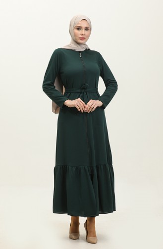 Belted Abaya With Gathered Hem 0703-05 Emerald Green 0703-05
