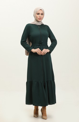 Abaya Mit Gürtel Und Gerafftem Saum 0703-05 Smaragdgrün 0703-05