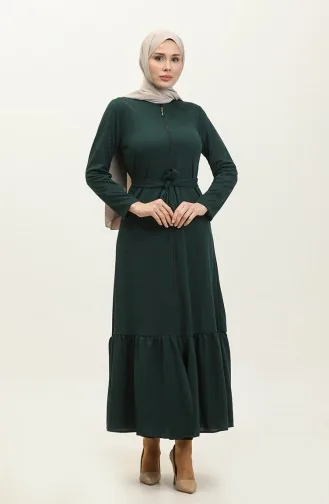 Abaya Mit Gürtel Und Gerafftem Saum 0703-05 Smaragdgrün 0703-05
