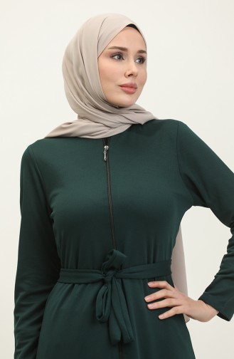 Abaya Mit Gürtel Und Gerafftem Saum 0703-05 Smaragdgrün 0703-05