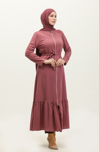 Belted Abaya With Gathered Hem 0703-06 Dusty Rose 0703-06
